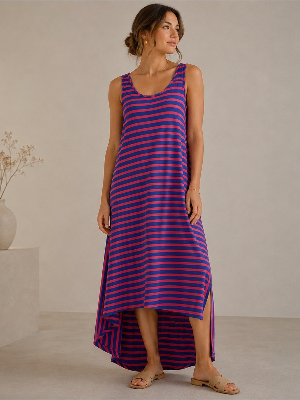 Vineyard Vines Sleeveless Striped High-Low Maxi Dress in Blue and Pink